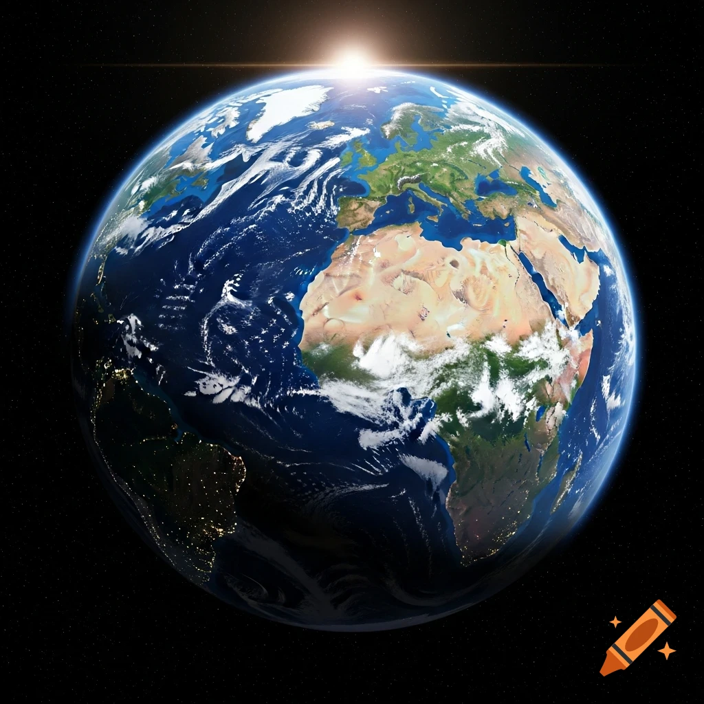 A detailed photorealistic view of Earth from space, showing continents, oceans, and clouds, with the sun rising.
