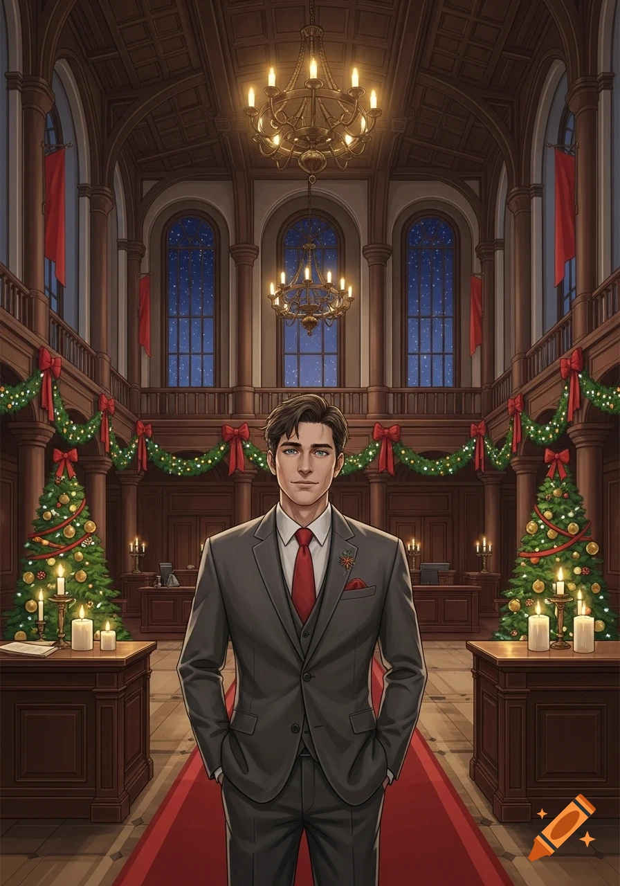 An anime man in a gray suit and red tie stands in a grand, Christmas-decorated hall with chandeliers and starry windows.
