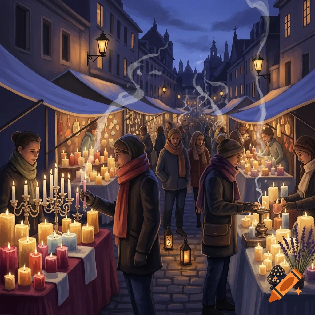 A busy night market with people browsing stalls filled with glowing candles, illuminating old buildings under a dark sky.
