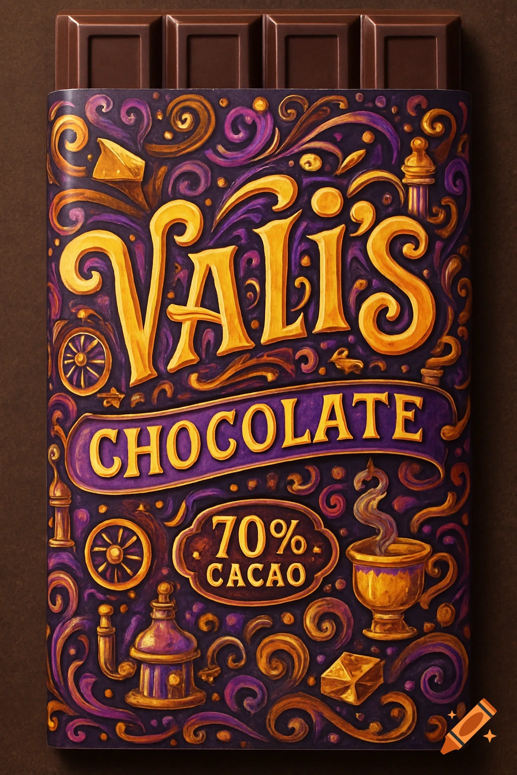 An ornate chocolate bar wrapper in purple and gold, labeled "Vali's CHOCOLATE 70% CACAO" with intricate swirls and cocoa-related motifs.