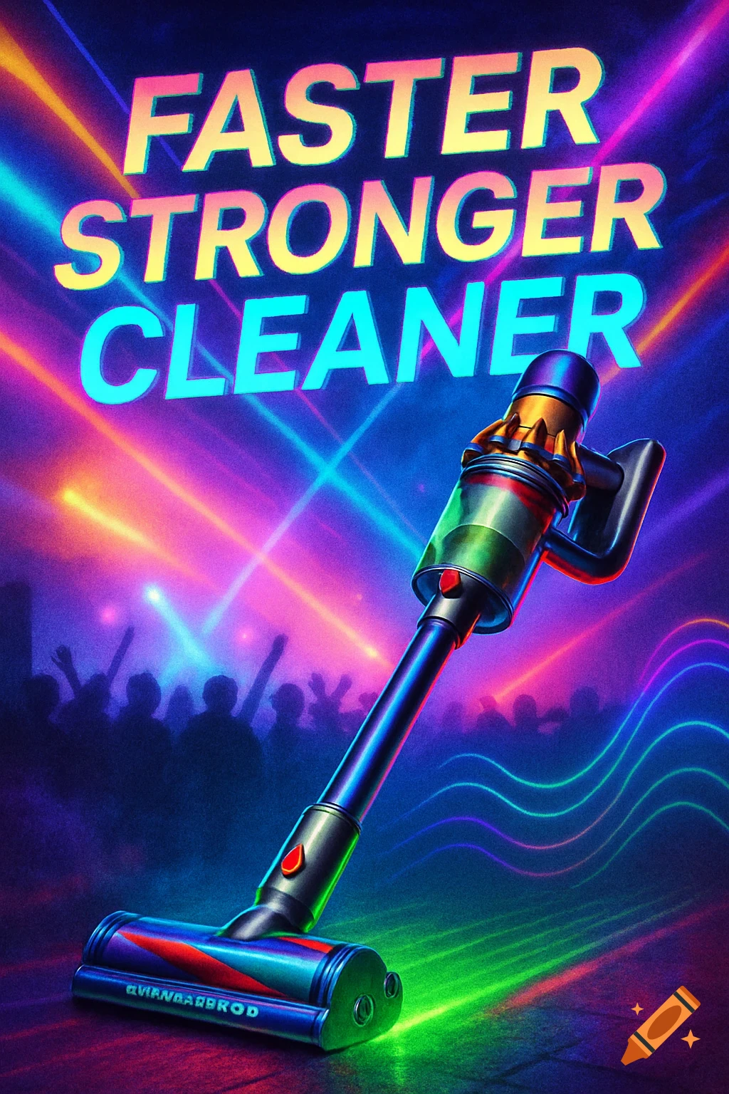 A vibrant, neon-lit advertisement showing a Dyson-style vacuum cleaner in a futuristic techno club, with text 'FASTER STRONGER CLEANER'.