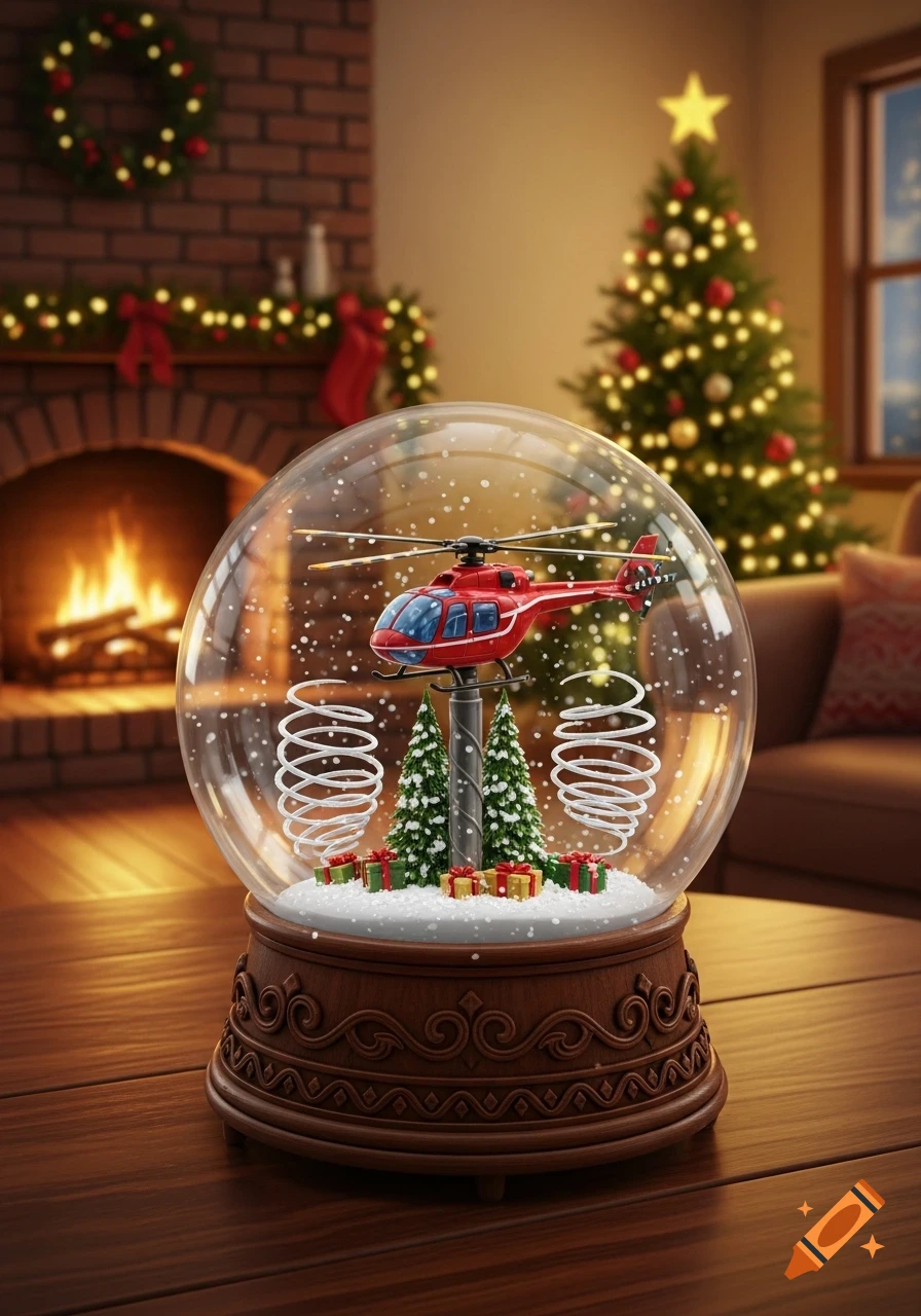 A photorealistic snow globe with a red toy helicopter, miniature trees, and gifts on a table in a festive living room.