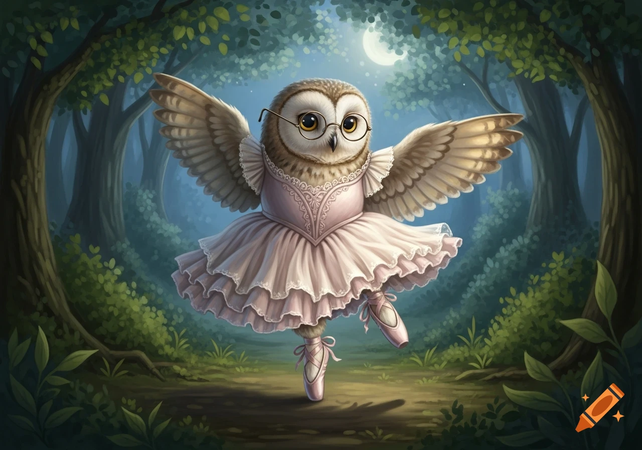 A cute owl with glasses in a pink ballet dress and pointe shoes dances gracefully in a whimsical moonlit forest.