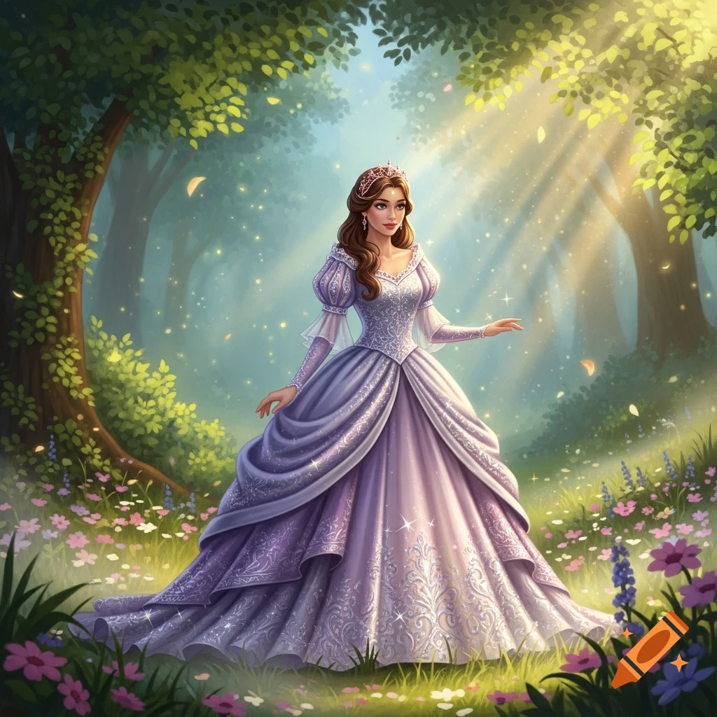 A beautiful princess in a flowing lavender gown and tiara stands in an enchanting sunlit forest with colorful flowers.