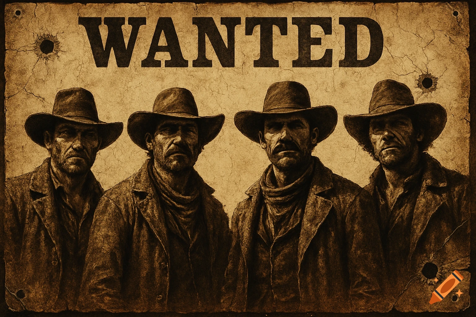 A sepia-toned wanted poster features four rugged western outlaws in cowboy hats and coats.
