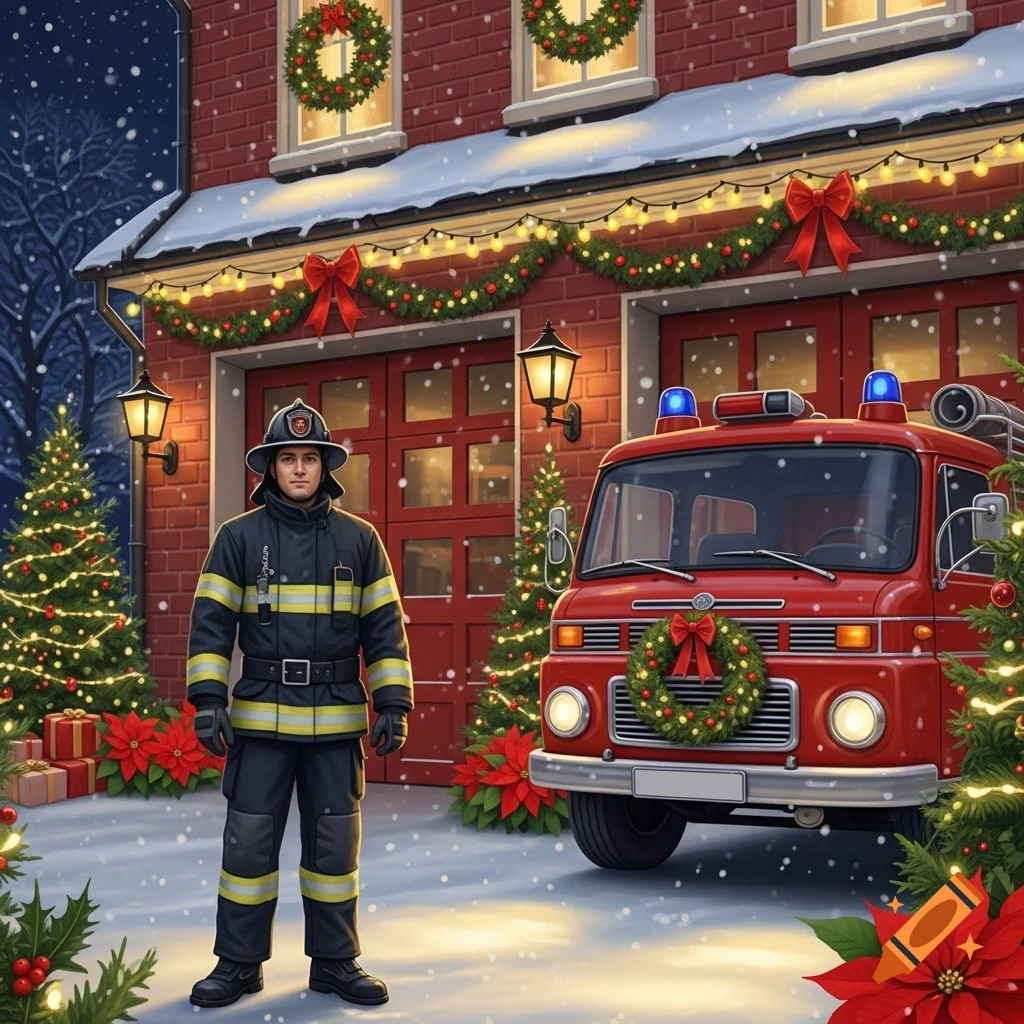 A male firefighter stands in front of a red brick fire station and a fire truck, both decorated with Christmas lights and wreaths in a snowy winter scene.