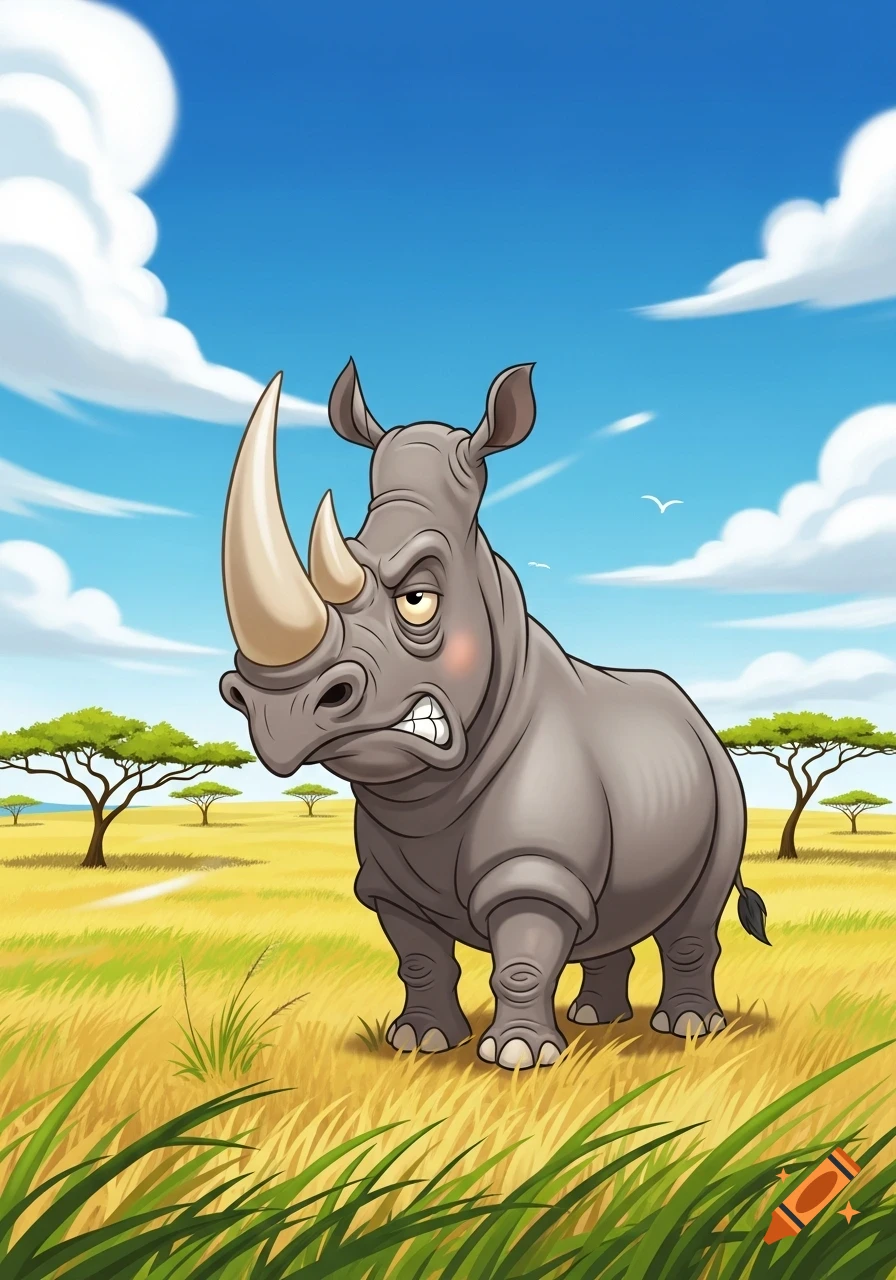 A grumpy cartoon rhinoceros stands in a sunny savanna field with acacia trees and a blue sky.