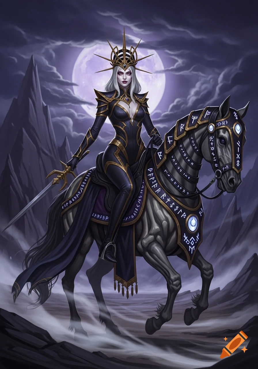 A white-haired fantasy villainess with a spiky crown rides a skeletal horse, holding a sword, against a full moon in a dark landscape.