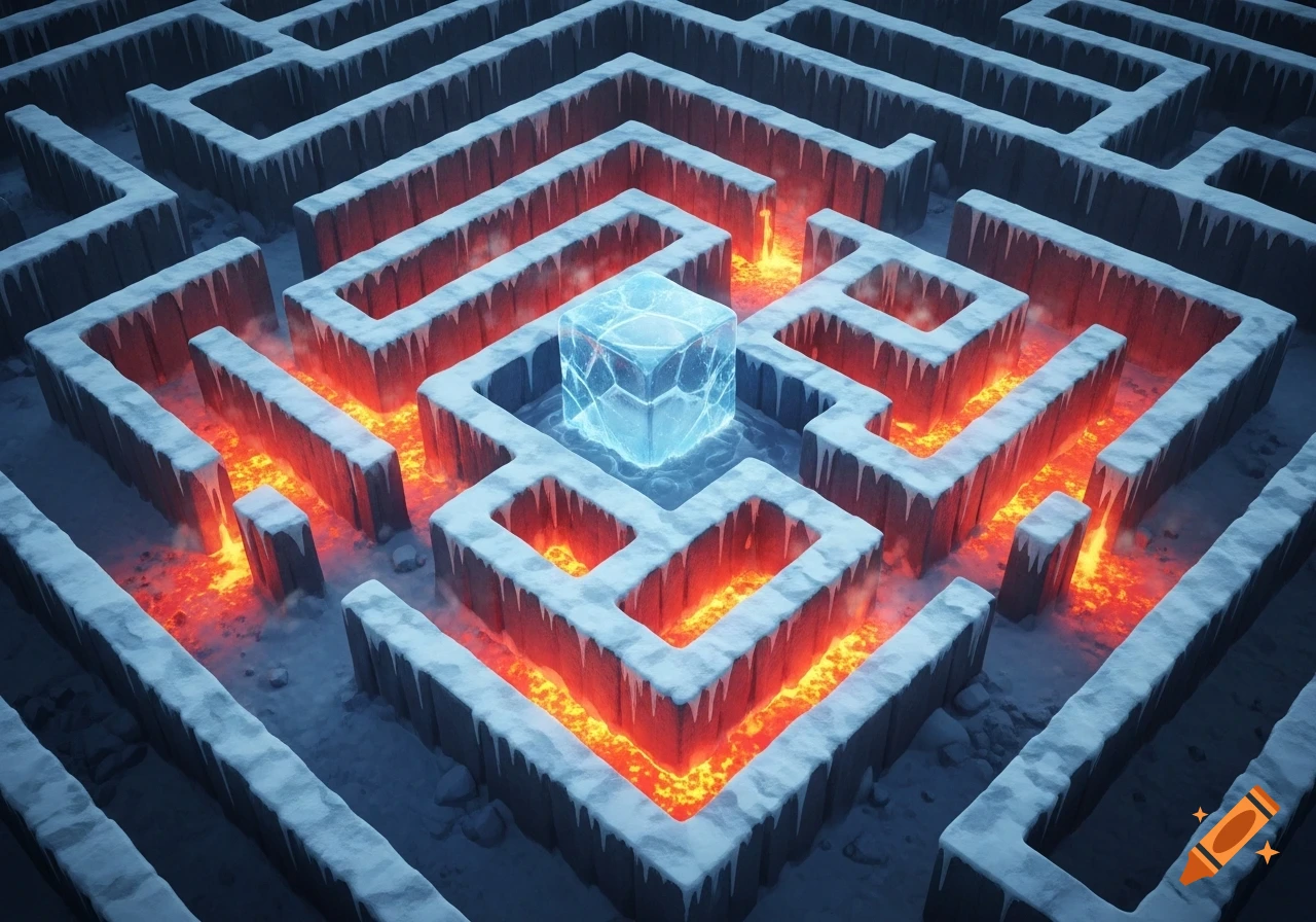 An aerial view of an ice-covered maze with glowing lava paths and a central shimmering blue ice cube.