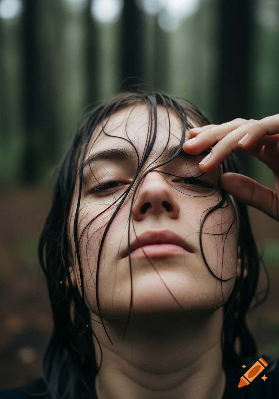 Close-up portrait of a person with wet hair on their face, one hand moving strands aside, against a blurred green forest background.