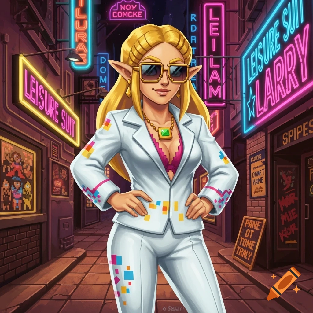 Zelda in a white leisure suit with pixelated accents and sunglasses, standing on a neon-lit street reminiscent of a retro video game.