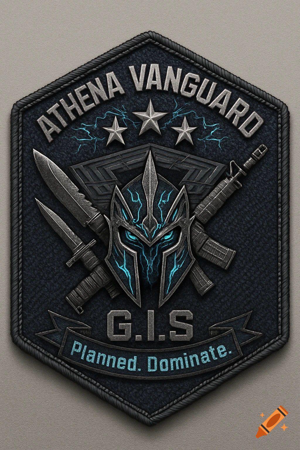 A rugged, dark military patch featuring a stylized Spartan helmet glowing with electric blue lines, crossed knives, and an assault rifle. Text reads "ATHENA VANGUARD" and "Planned. Dominate."