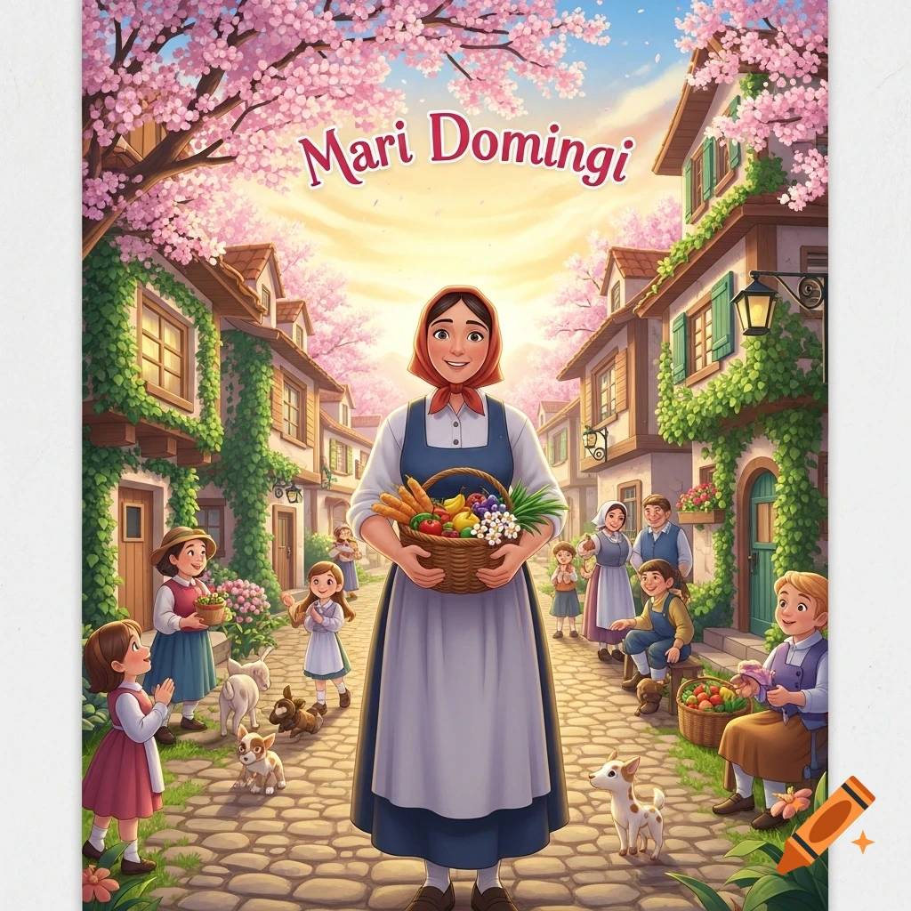 Colorful storybook illustration of Mari Domingi holding a basket of produce in a vibrant village with cherry blossoms and people.