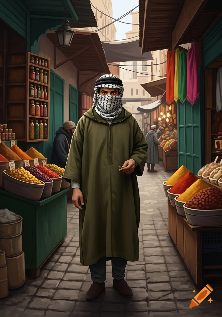 A man in a keffiyeh and long green robe stands in a vibrant market filled with colorful spice bins, illustrated.
