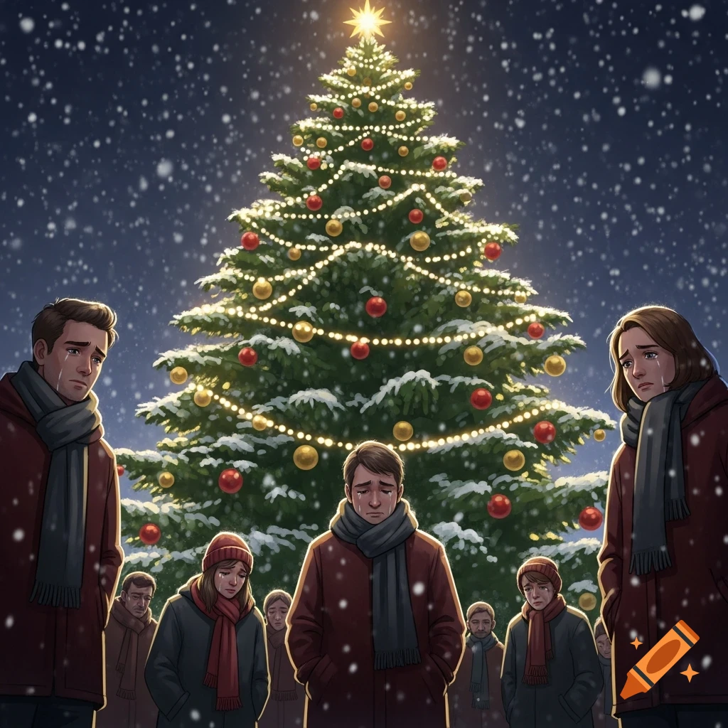 Illustration of several crying people in winter coats and scarves standing in falling snow in front of a brightly lit Christmas tree.