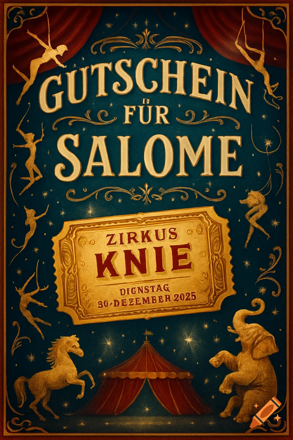 Vintage-style circus voucher with gold text 'Gutschein f r Salome Zirkus Knie', acrobats, horse, elephant, and a red tent on a dark blue background.