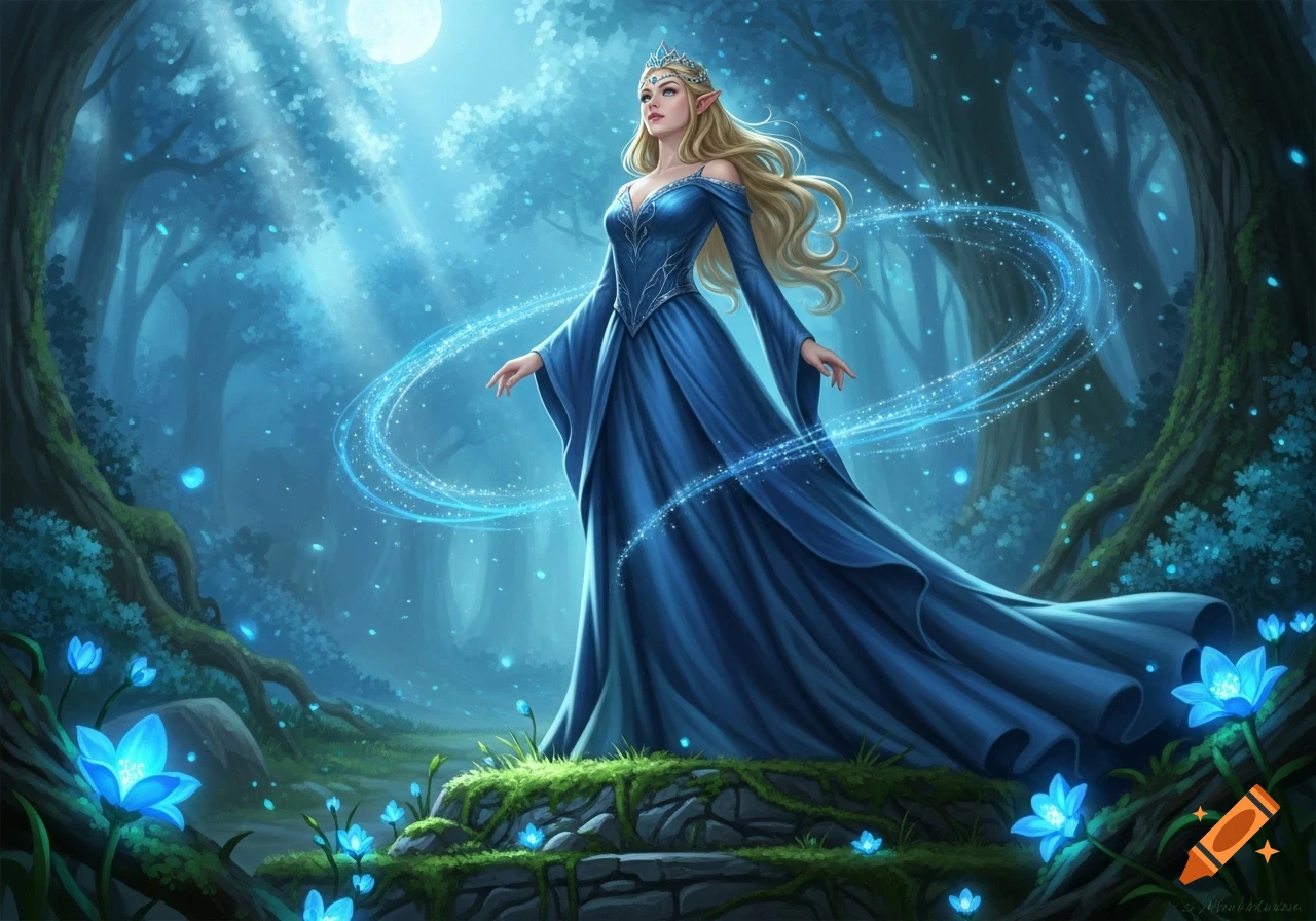 An elf princess in a blue gown stands in a magical moonlit forest, surrounded by glowing blue flowers and swirling light.