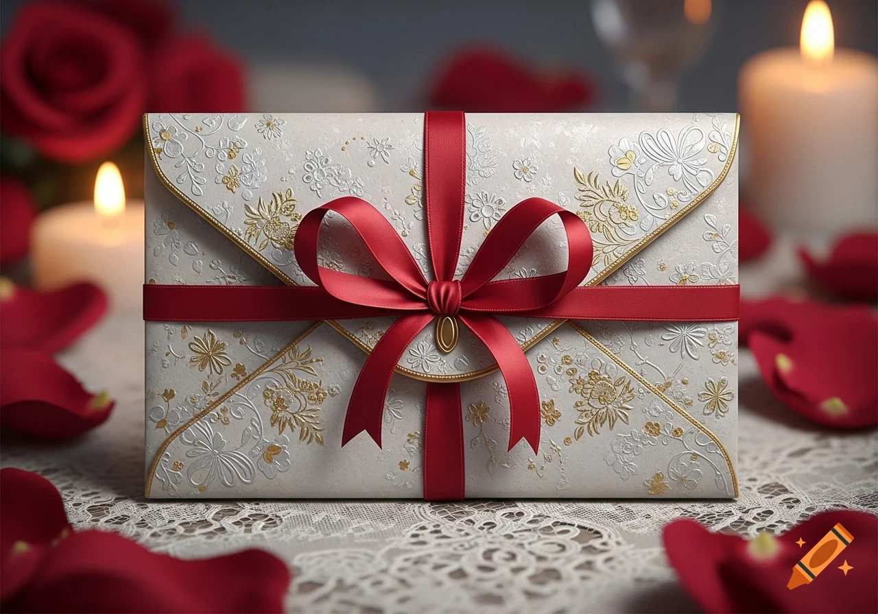 A beautifully decorated white envelope gift with a red ribbon and bow, surrounded by candles and red rose petals on a lace tablecloth.