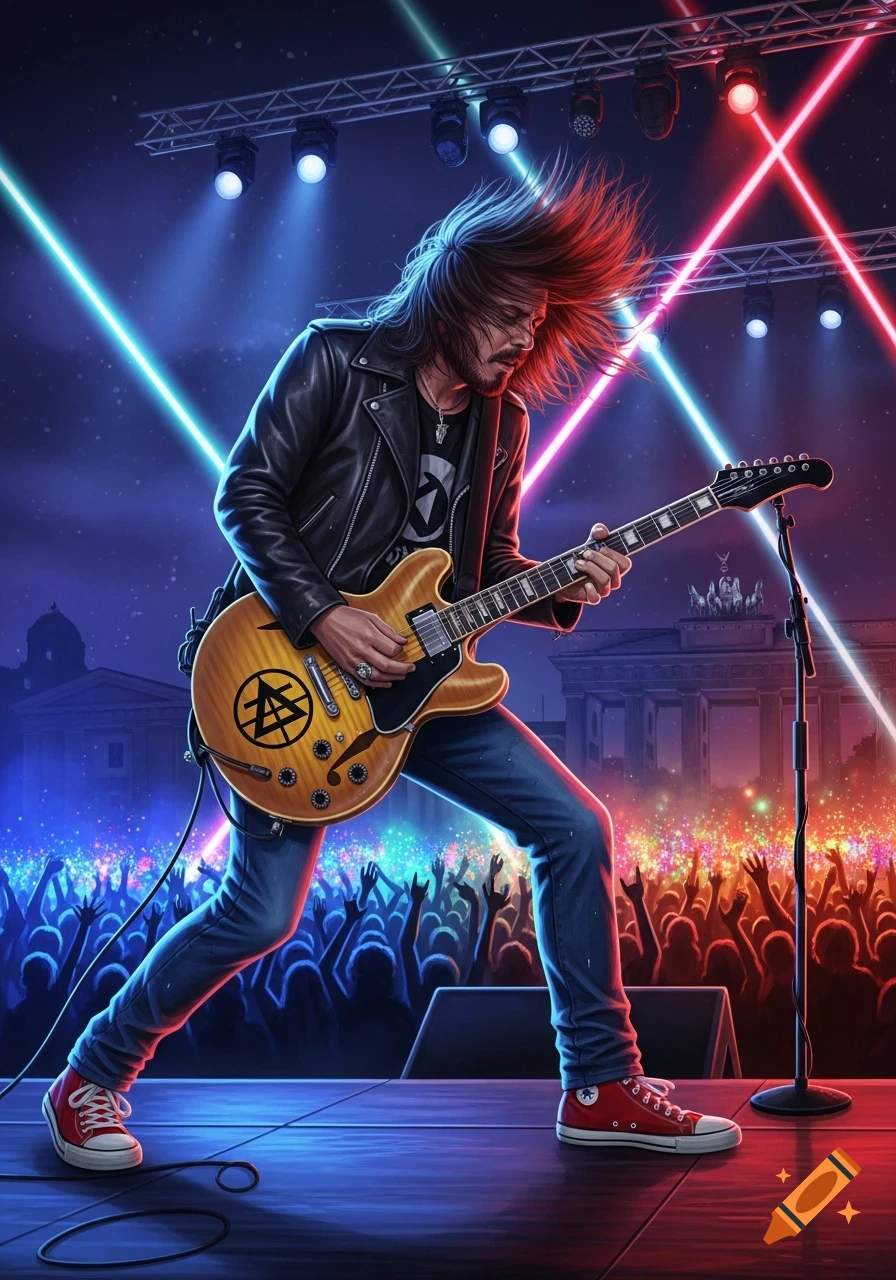 A long-haired guitarist in a leather jacket plays an electric guitar on stage, illuminated by colorful laser lights, with a cheering crowd and the Brandenburg Gate in the background.