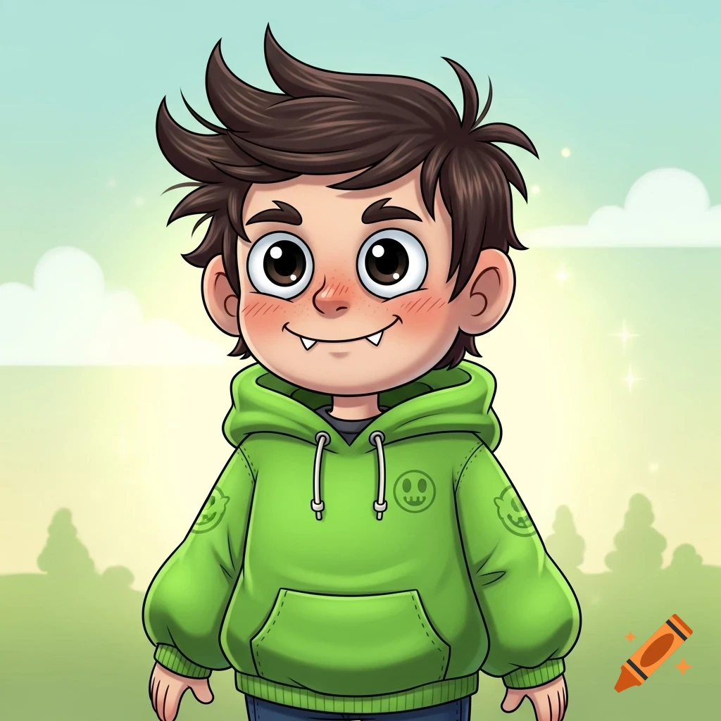 A cartoon boy with messy brown hair, big eyes, fangs, and rosy cheeks, wearing an oversized bright green hoodie, standing in a park-like setting.