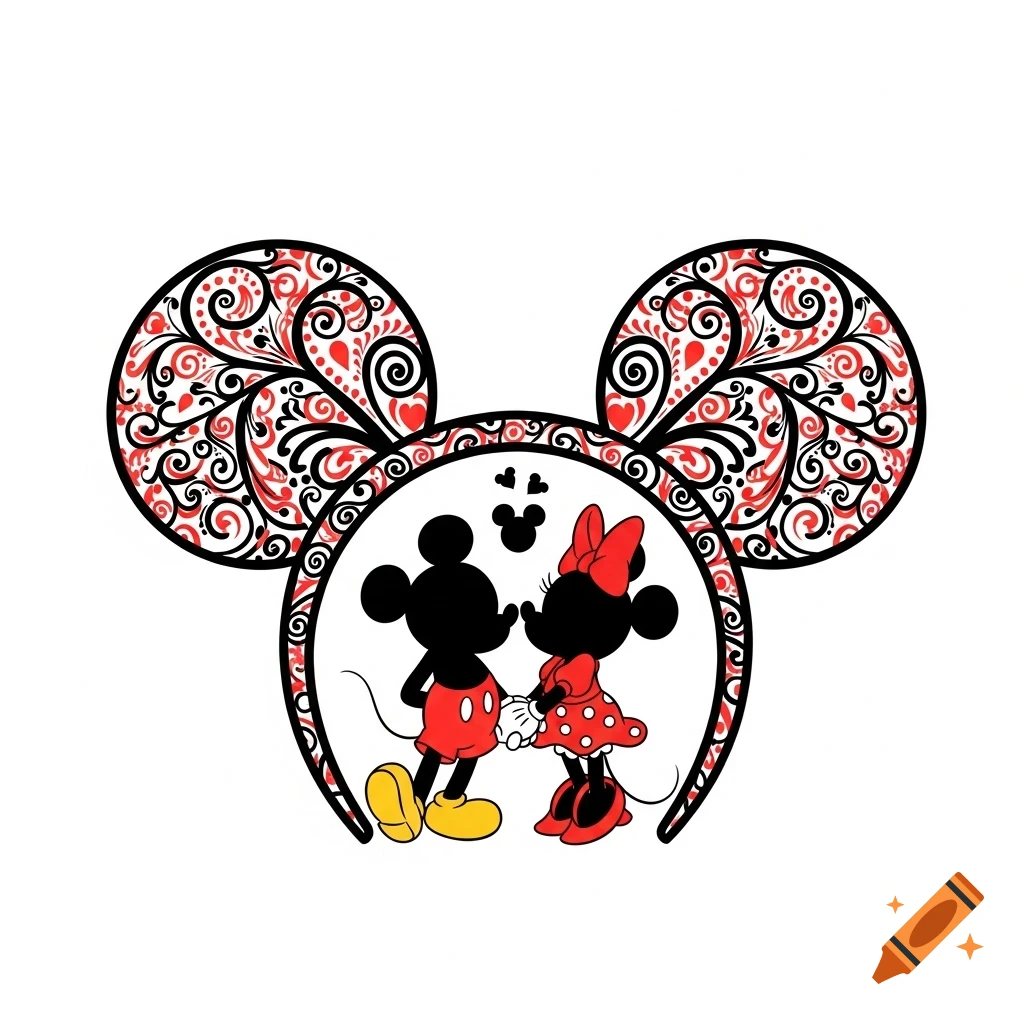Stylized illustration of Mickey and Minnie Mouse in love, enclosed within a decorative Mickey ears outline filled with red and black swirls and hearts.