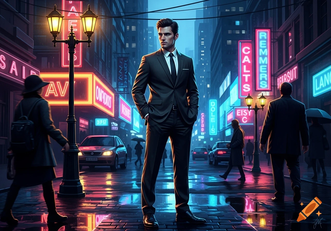 A stylish man in a dark suit stands confidently on a wet city street at ...