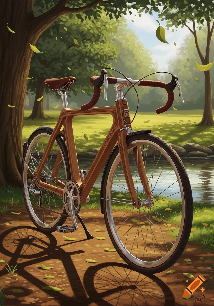 A stylish wooden bicycle with brown accents parked on a dirt path under trees in a sunny park by a stream, in an illustrated style.