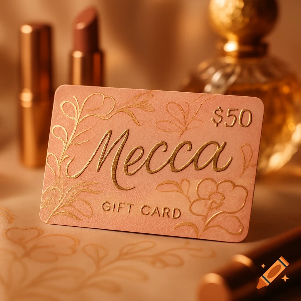 A pink gift card with gold 'Mecca' text and '$50' surrounded by delicate golden foliage, alongside blurred cosmetics.