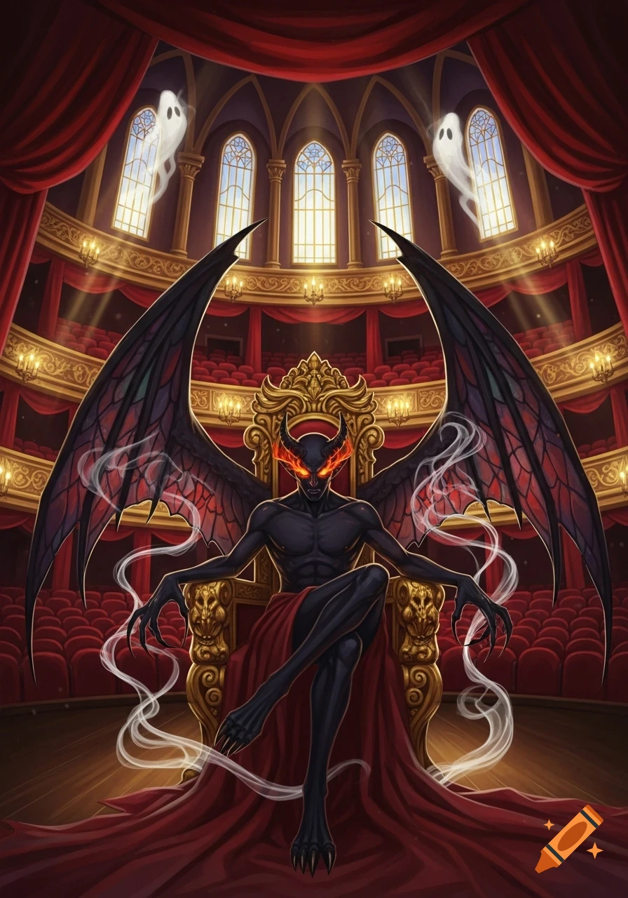 A black-skinned demon with wings, glowing red eyes, and horns sits on a golden throne in a grand red and gold theater with ghosts.