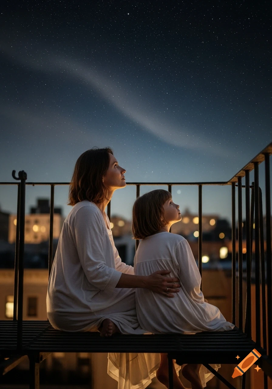 A mother and daughter in nightgowns sit on a fire escape, looking up at a starry night sky above a city.