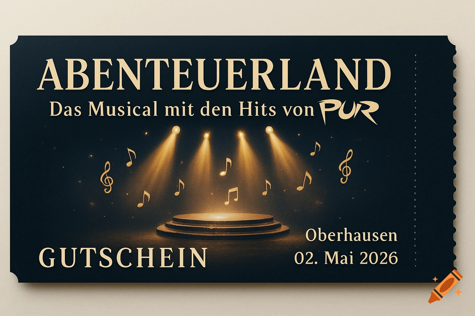 A dark concert ticket voucher with gold text for 'ABENTEUERLAND Das Musical mit den Hits von PUR', featuring a stage with spotlights and musical notes.