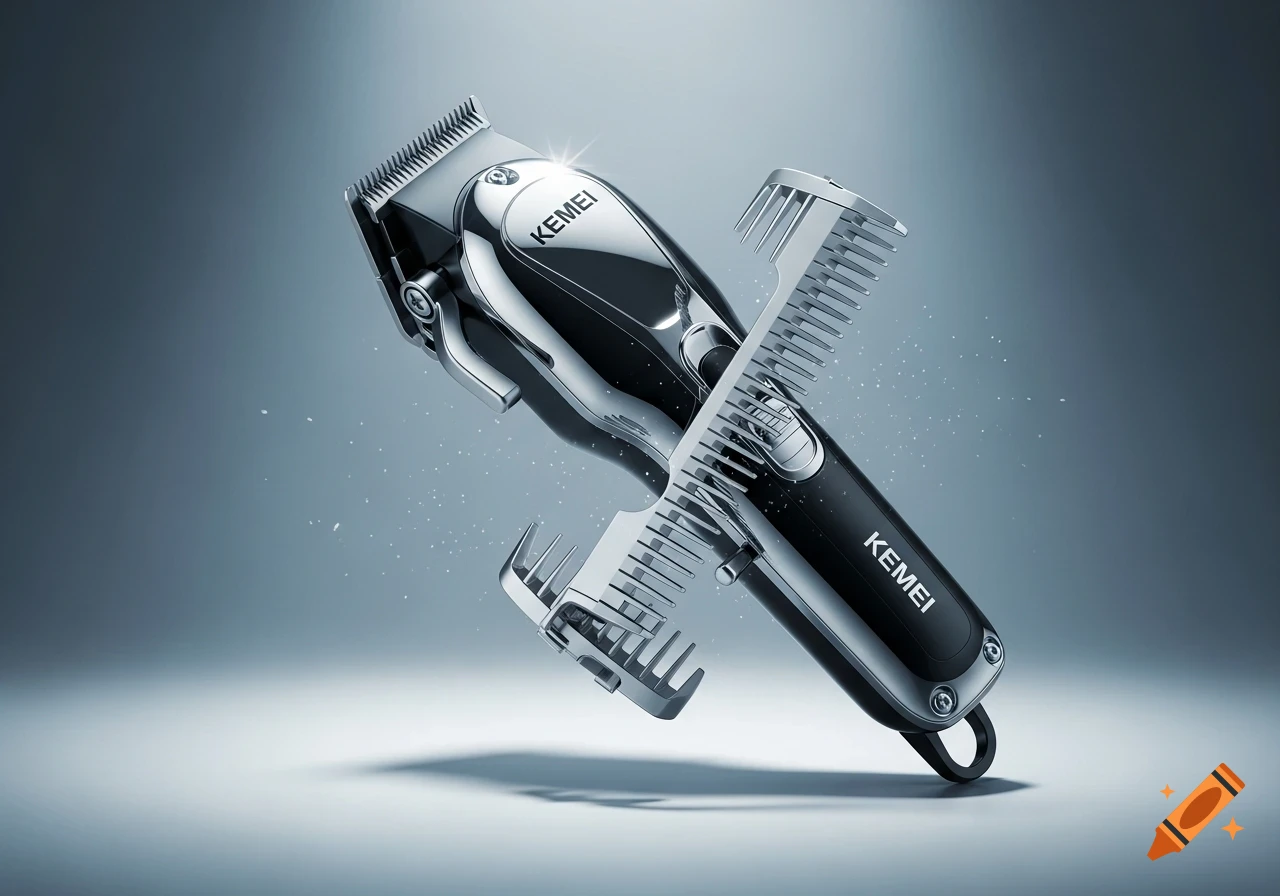 A sleek black and chrome hair clipper with two detached guards floats dynamically against a gradient grey background, captured in a photorealistic studio shot.