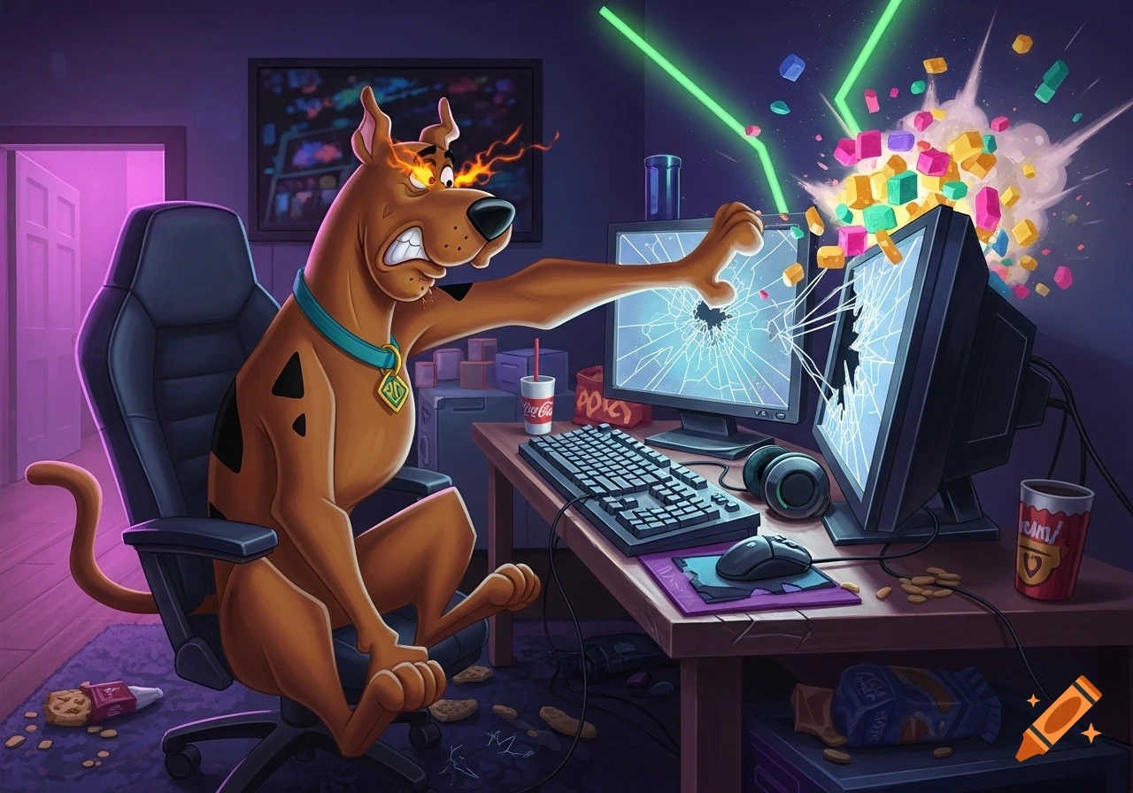 Scooby-Doo, eyes glowing red, furiously smashes a computer monitor with his fist while gaming in a messy room, cartoon style.