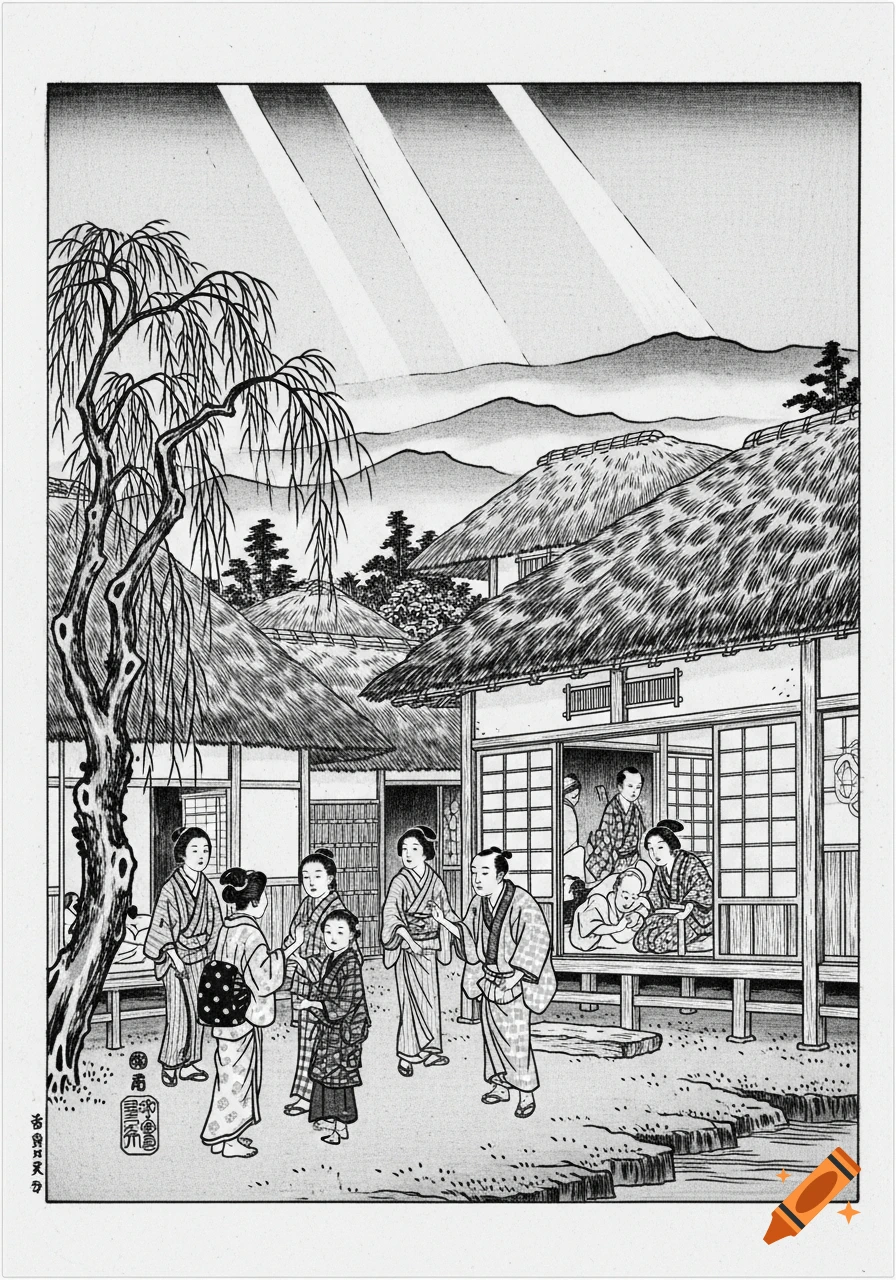 Black and white ukiyo-e illustration of people in a traditional Japanese village, with one person appearing ill indoors.