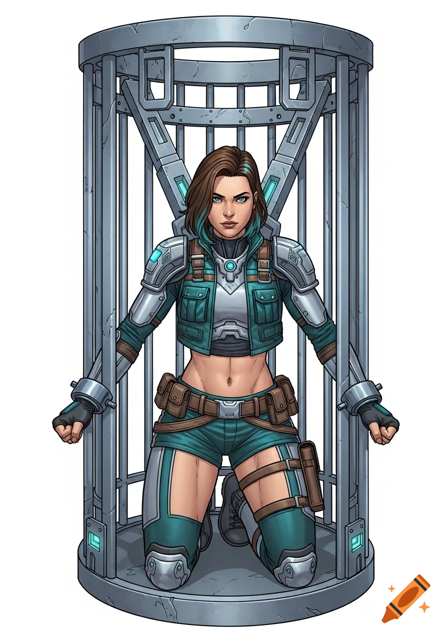Semi-realistic comic book illustration of a defiant female protagonist in a sci-fi tactical suit, kneeling upright in a metal restraint frame.