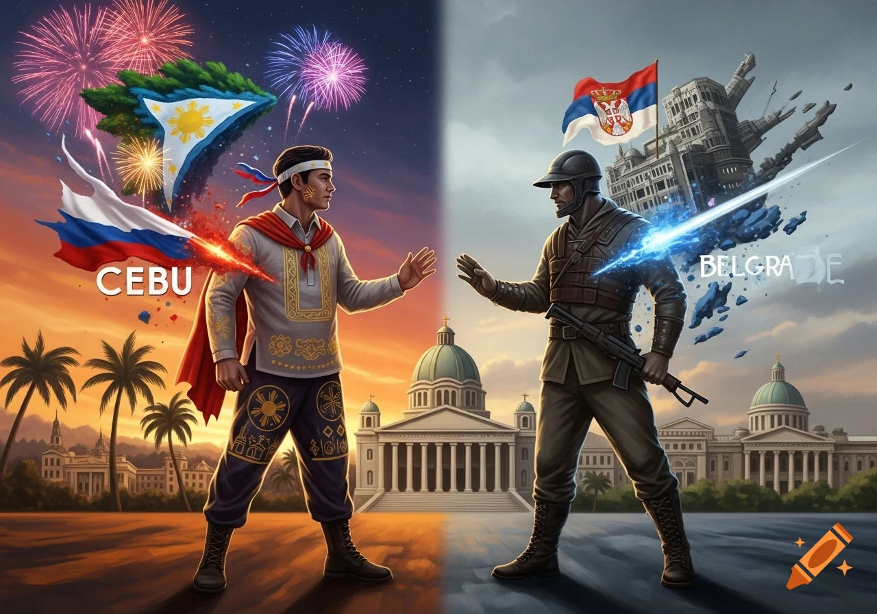 Stylized depiction of two men representing Cebu and Belgrade facing each other, with cultural and architectural elements.