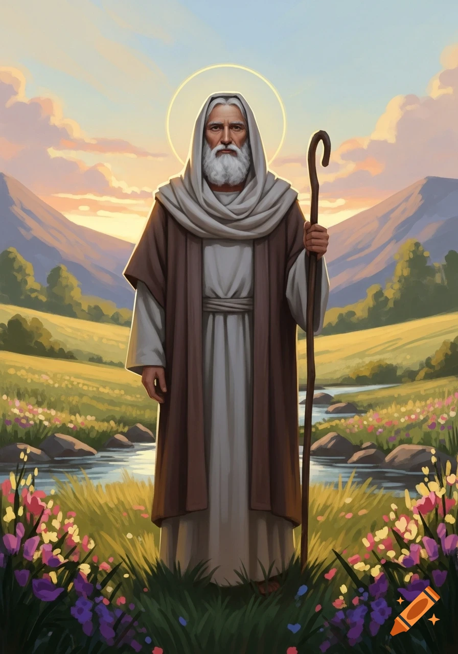 Illustration of an old, bearded man with a halo and staff in a vibrant flower field with a river, mountains, and sunset sky.