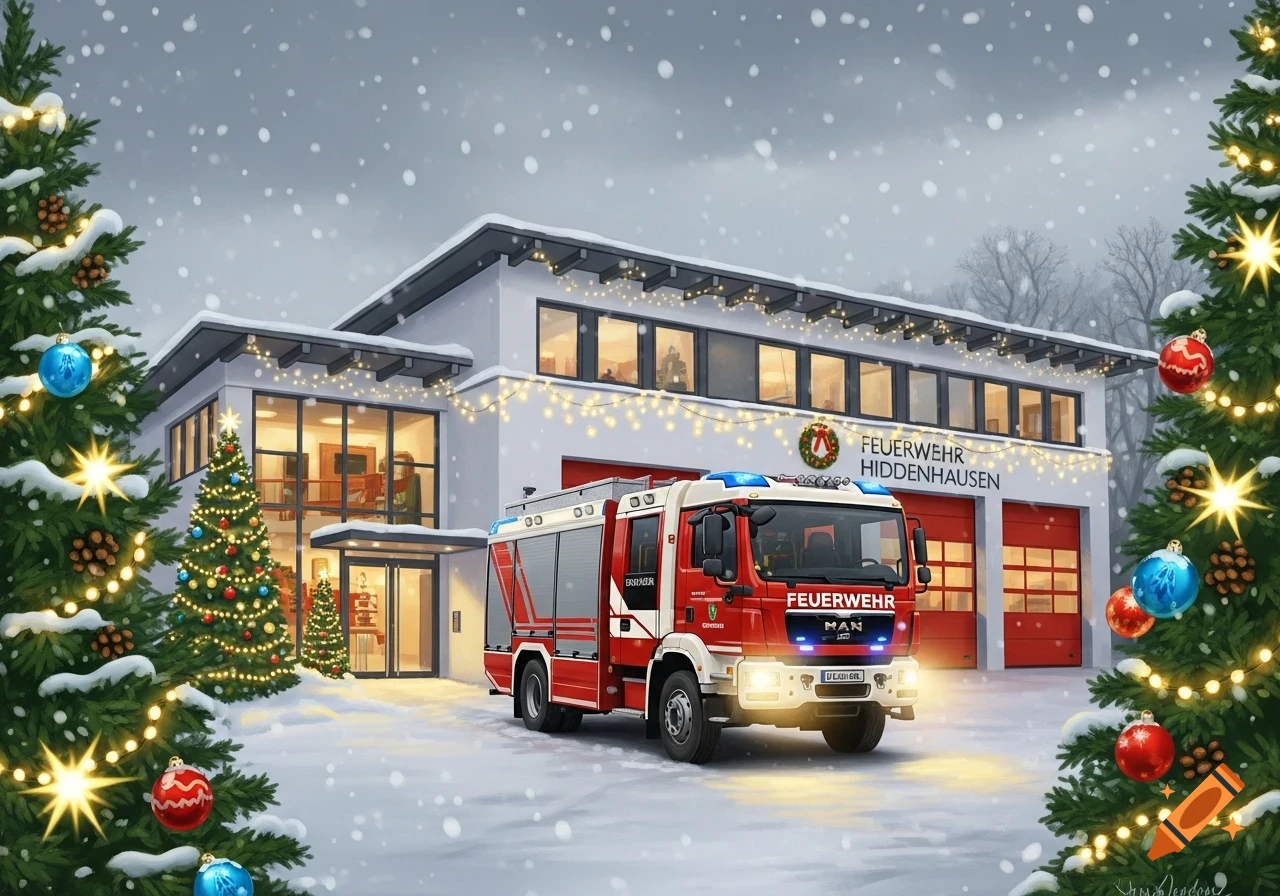A snowy Christmas scene depicts a red fire truck parked in front of a modern fire station adorned with holiday lights and wreaths, framed by decorated evergreen trees.