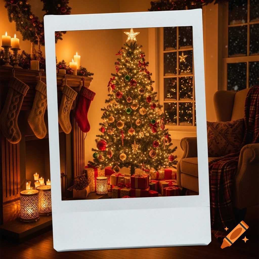 A polaroid photo of a festive living room with a decorated Christmas tree, gifts, stockings by a fireplace, and a snowy window.