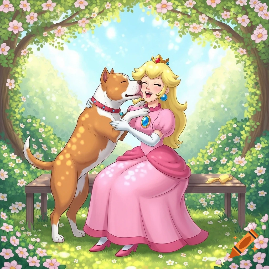 Princess Peach in a pink dress joyfully embraces a brown and white pitbull dog licking her face in a flower-filled cartoon garden.