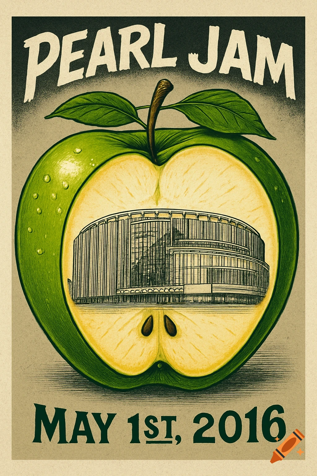 A stylized concert poster for Pearl Jam on May 1st, 2016, featuring a green apple cut in half with Madison Square Garden inside.