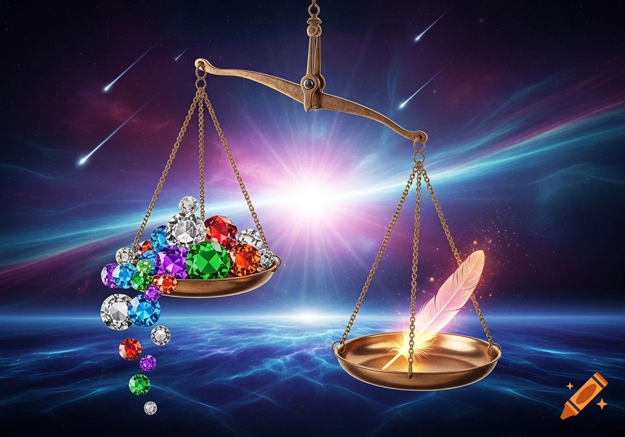 A balance scale in a cosmic setting, with one pan overflowing with ...