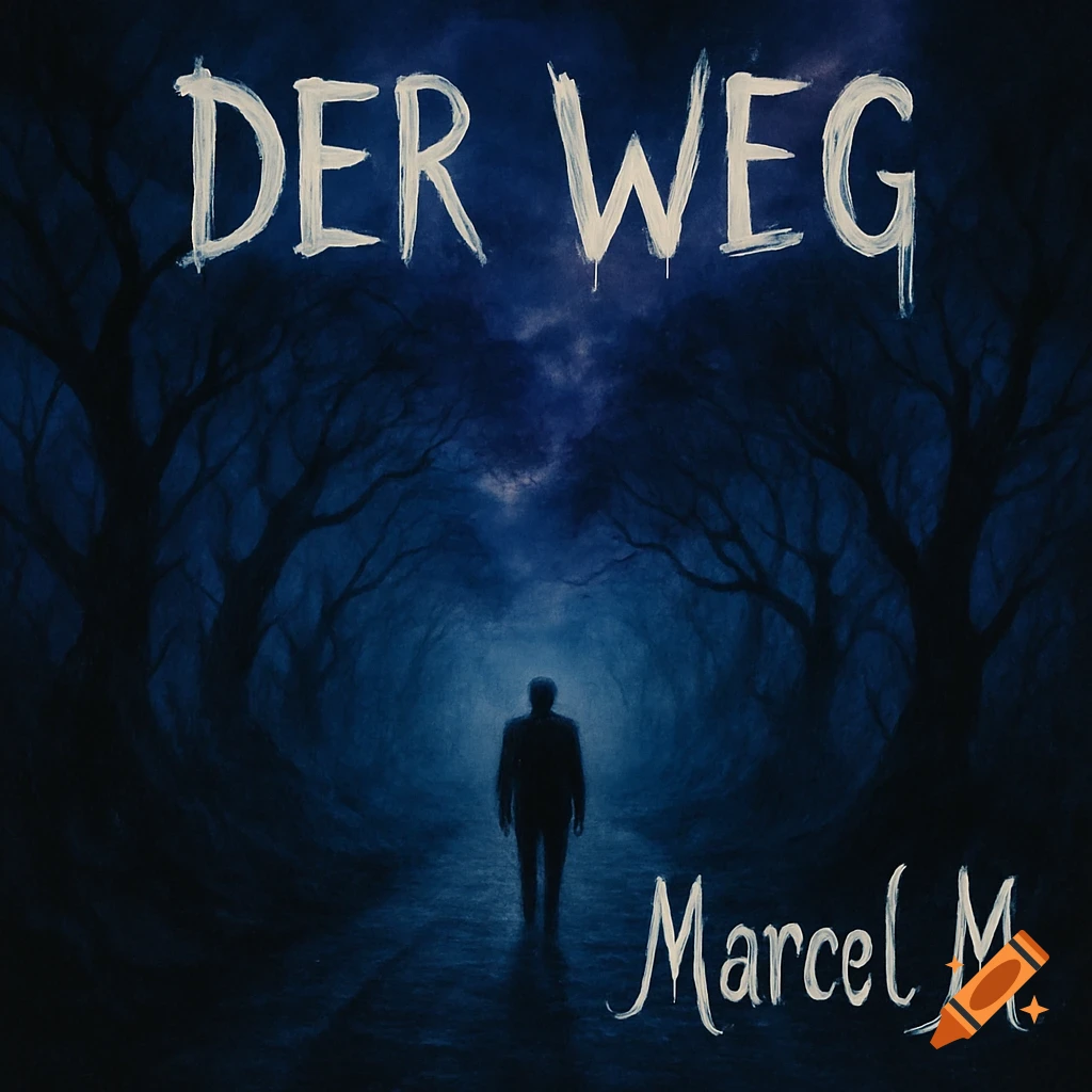 A digital painting of a silhouette walking down a dark, misty path through a foreboding forest at night, with 'DER WEG' and 'Marcel M' text.
