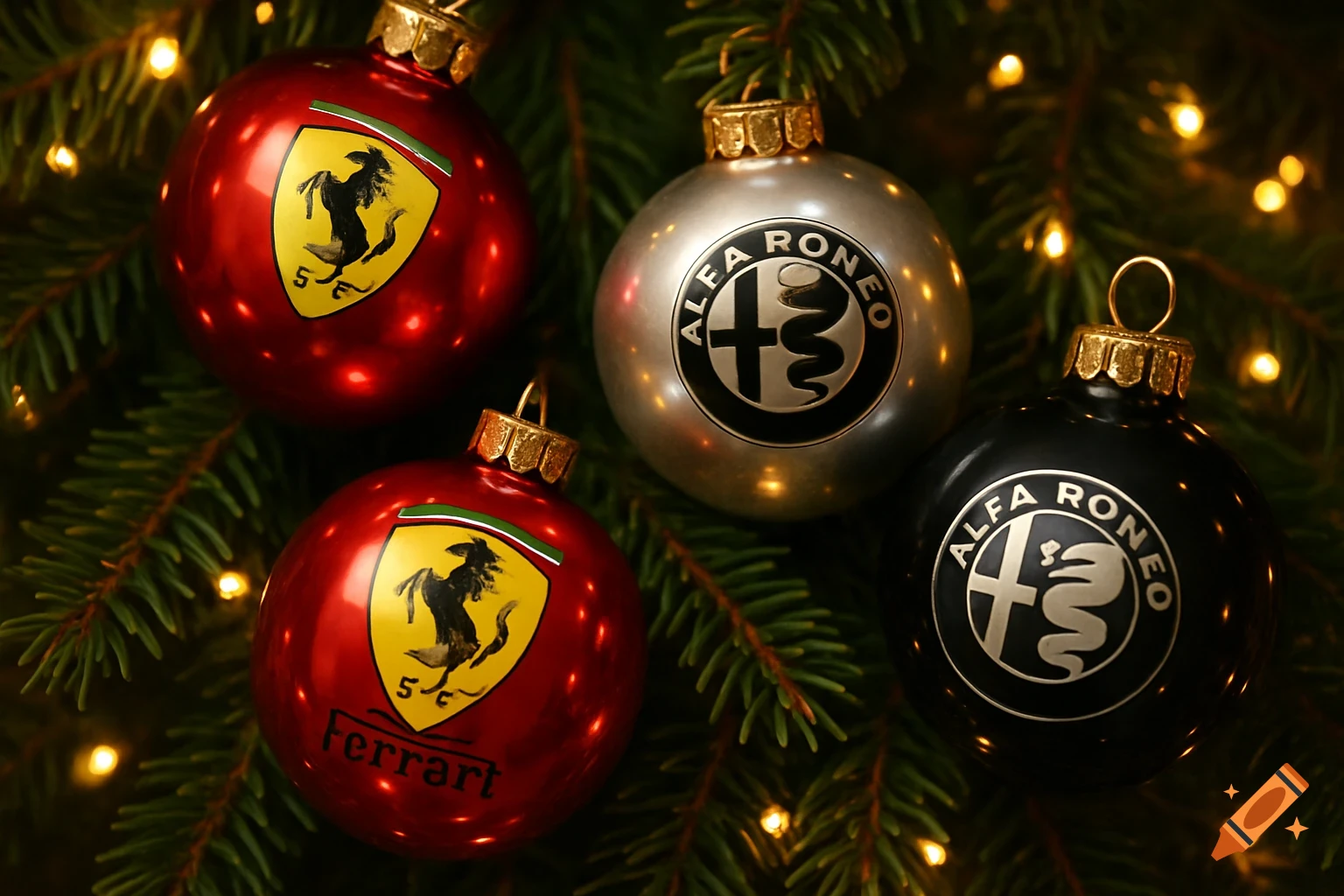 Four shiny Christmas ornaments, two red with Ferrari emblems and two silver and black with Alfa Romeo emblems, hang on a Christmas tree with blurry lights.