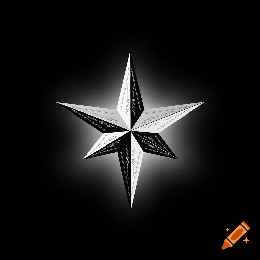 A monochrome five-pointed star with intricate patterns, glowing subtly against a black background.