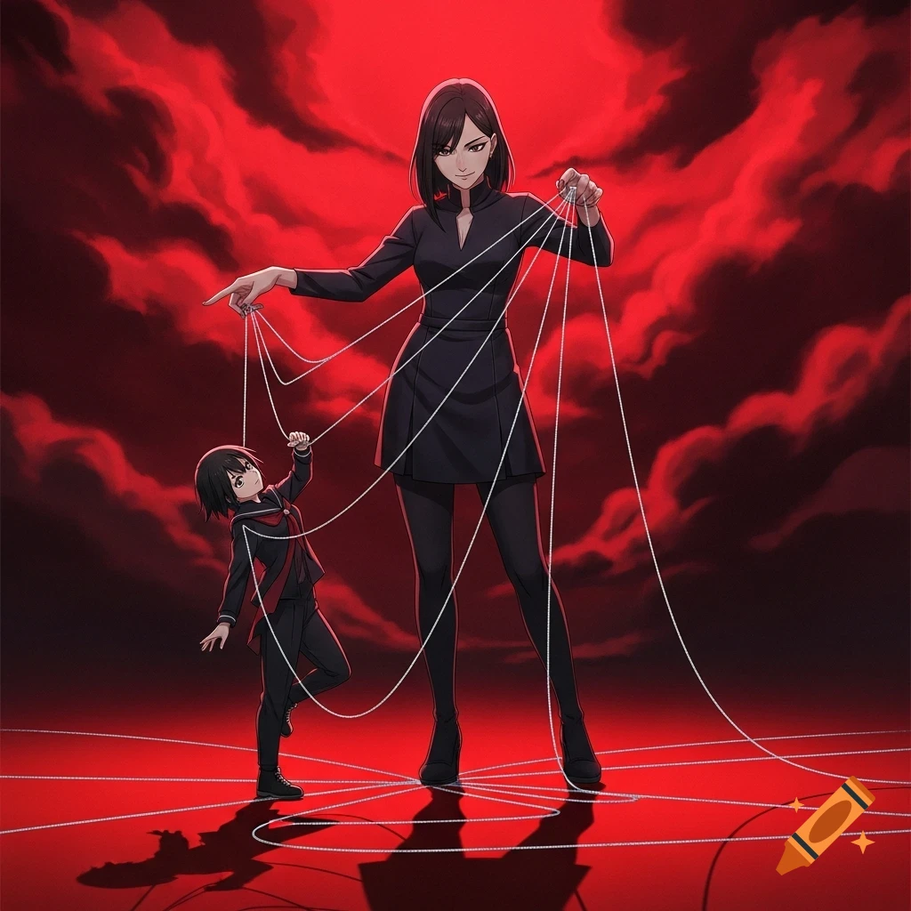 An anime-style woman in black controls a smaller child-like figure with marionette strings, set against a dramatic red, cloudy background.