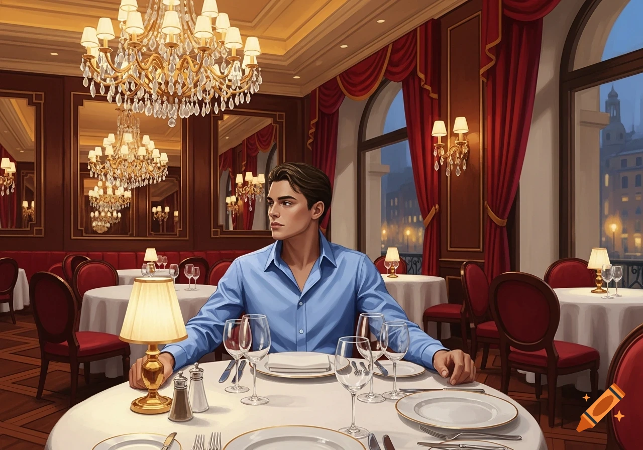 An illustrated man in a blue shirt sitting at a table in a luxurious restaurant with chandeliers and red curtains, looking out a window at a city.
