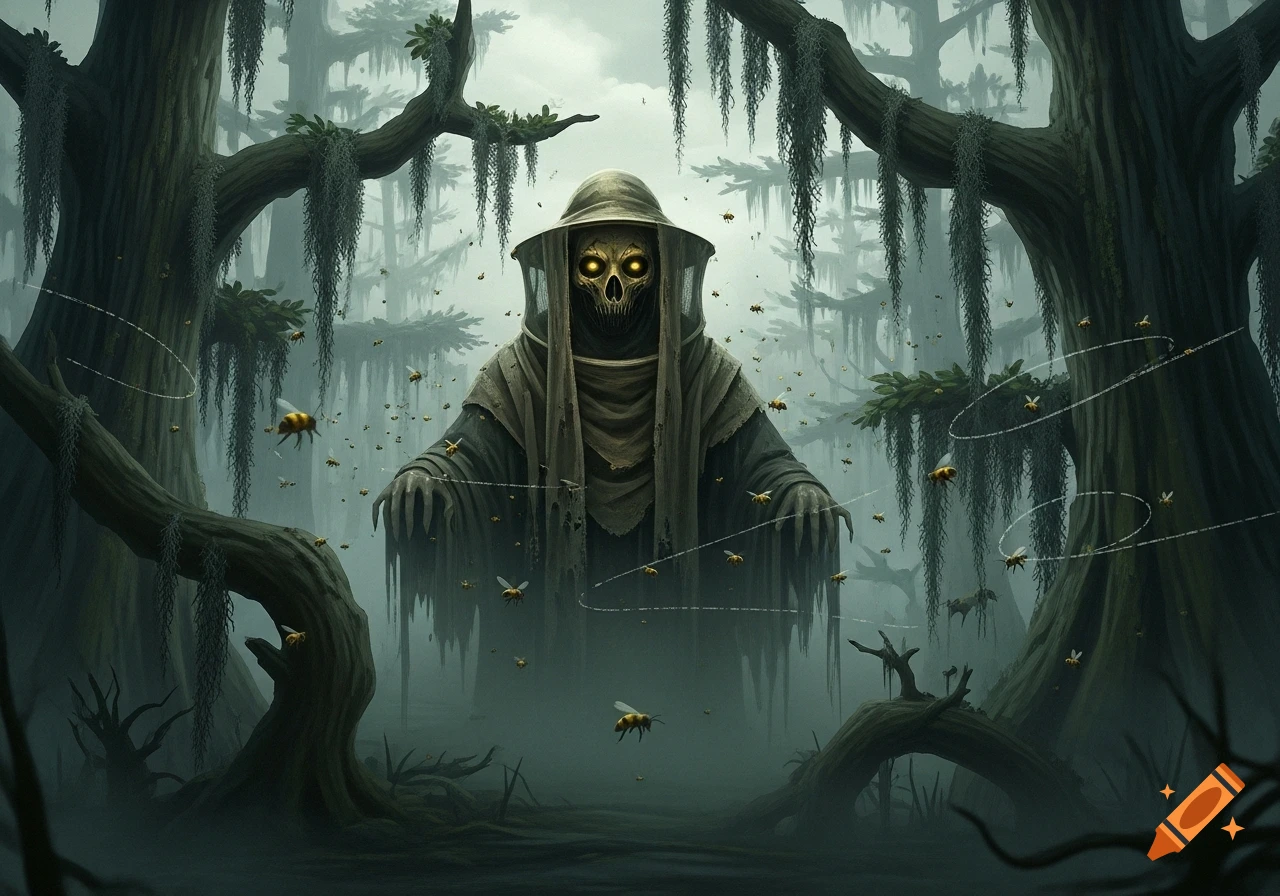 A hooded skeletal figure with glowing eyes and long clawed hands stands in a misty swamp, surrounded by flying bees.
