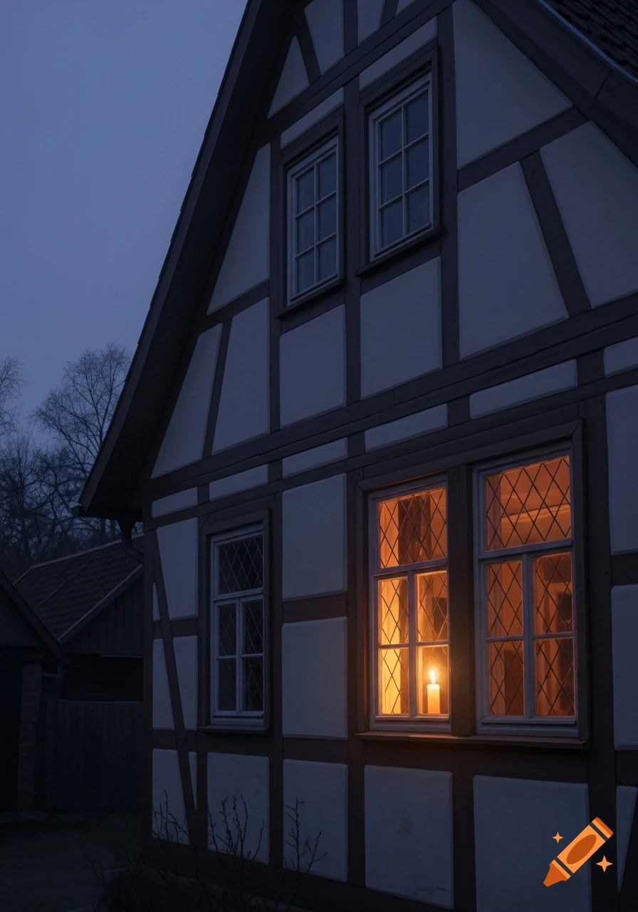 A half-timbered house at dusk with a single warm candle glowing in a window, casting an orange light.