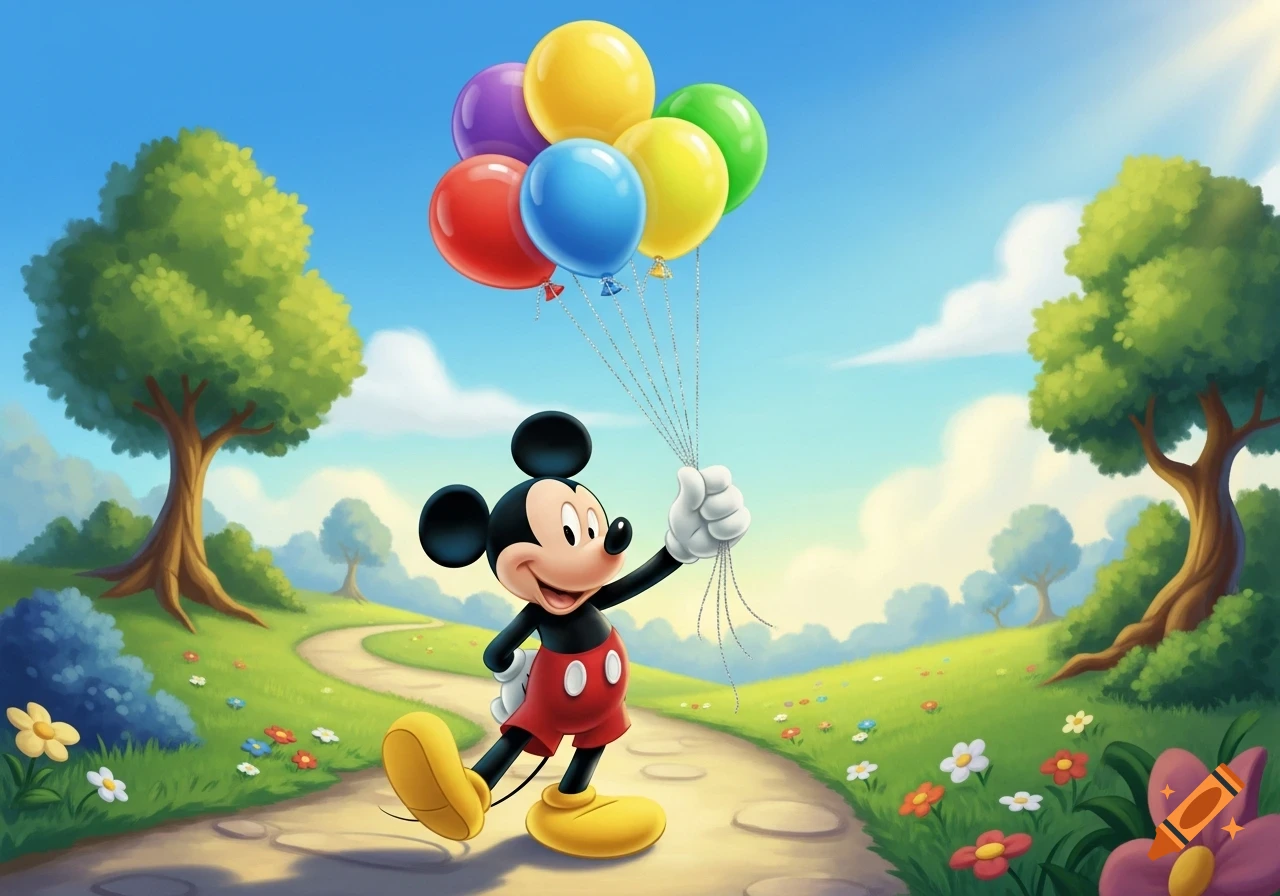 Mickey Mouse stands on a path holding a colorful bunch of balloons in a vibrant cartoon landscape with trees and flowers.